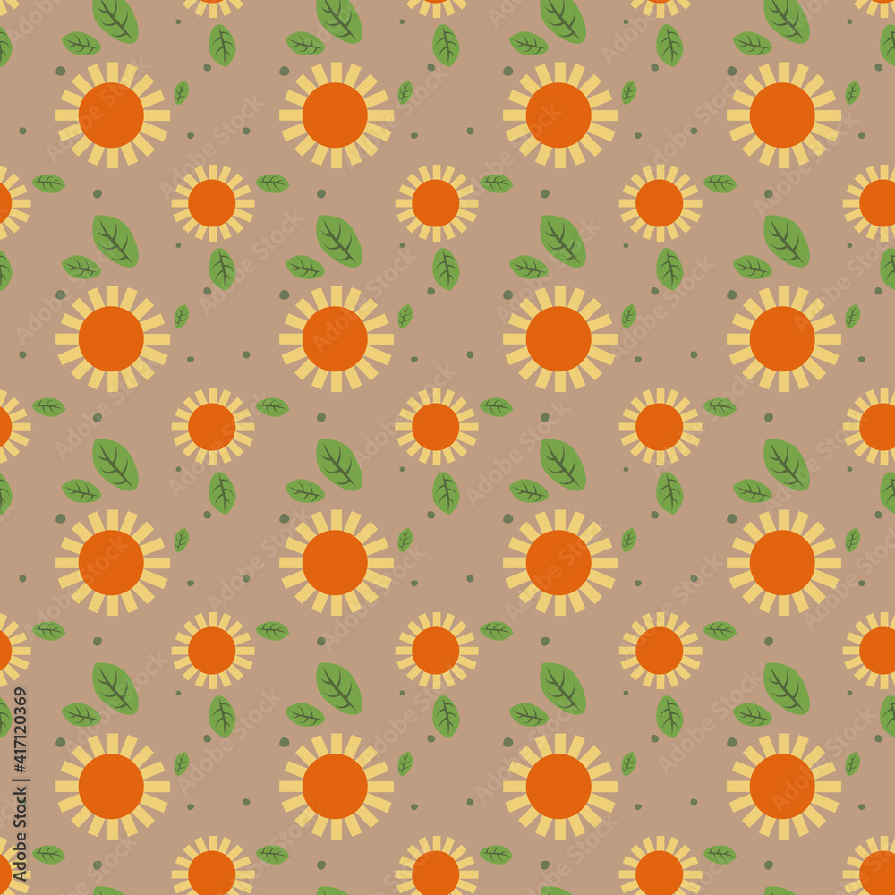 Seamless pattern with abstract sunflowers. Flowers on beige background.
