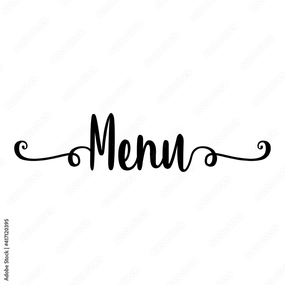 Banner con texto manuscrito Menu escrito a mano con florituras en color negro