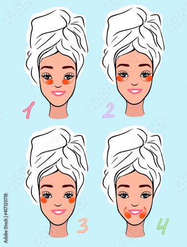 Girl flat illustration using eye patches in different ways face morning routine