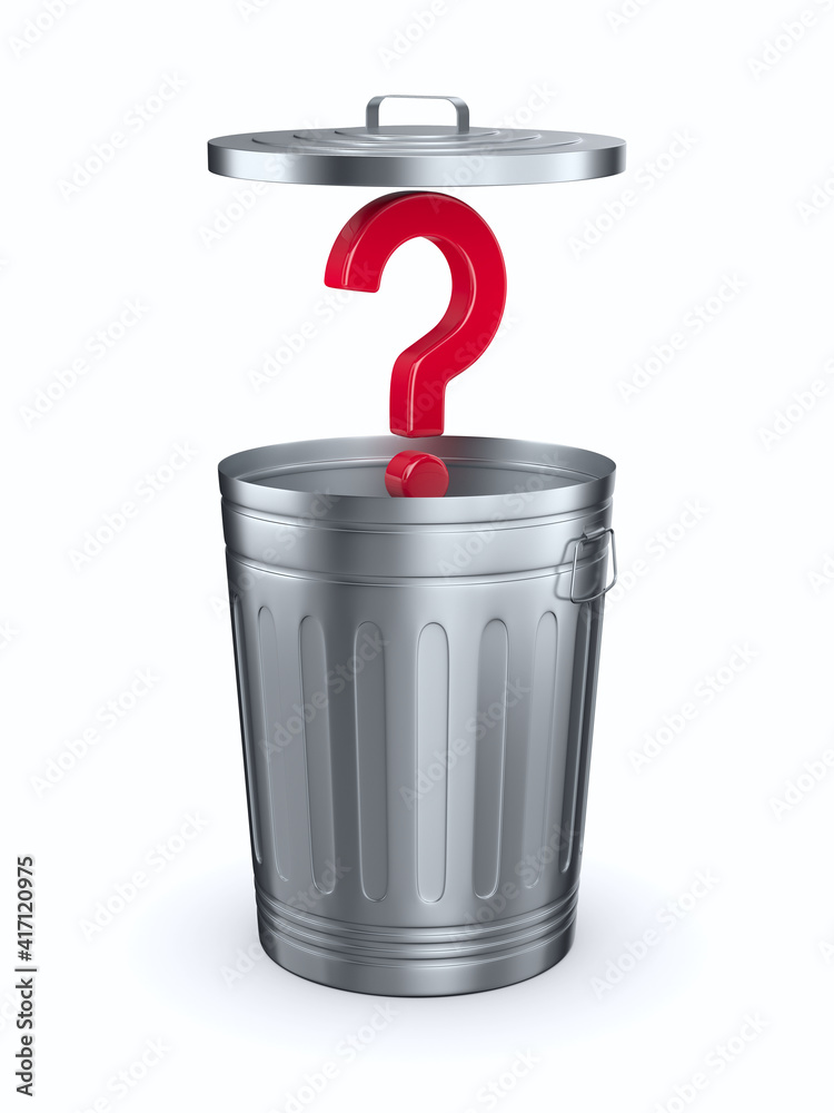 Open garbage basket and question on white background. Isolated 3D illustration Open garbage basket and question on white background. Isolated 3D illustration