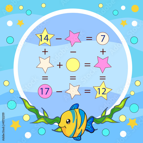 Kids education game. Children activity page with mathematic worksheet, funny riddle. Vector illustration. 