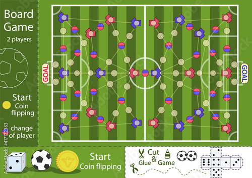 Soccer family board game. Table football tactic strategy. Coach concept with soccer field for training. Vector activity page.
