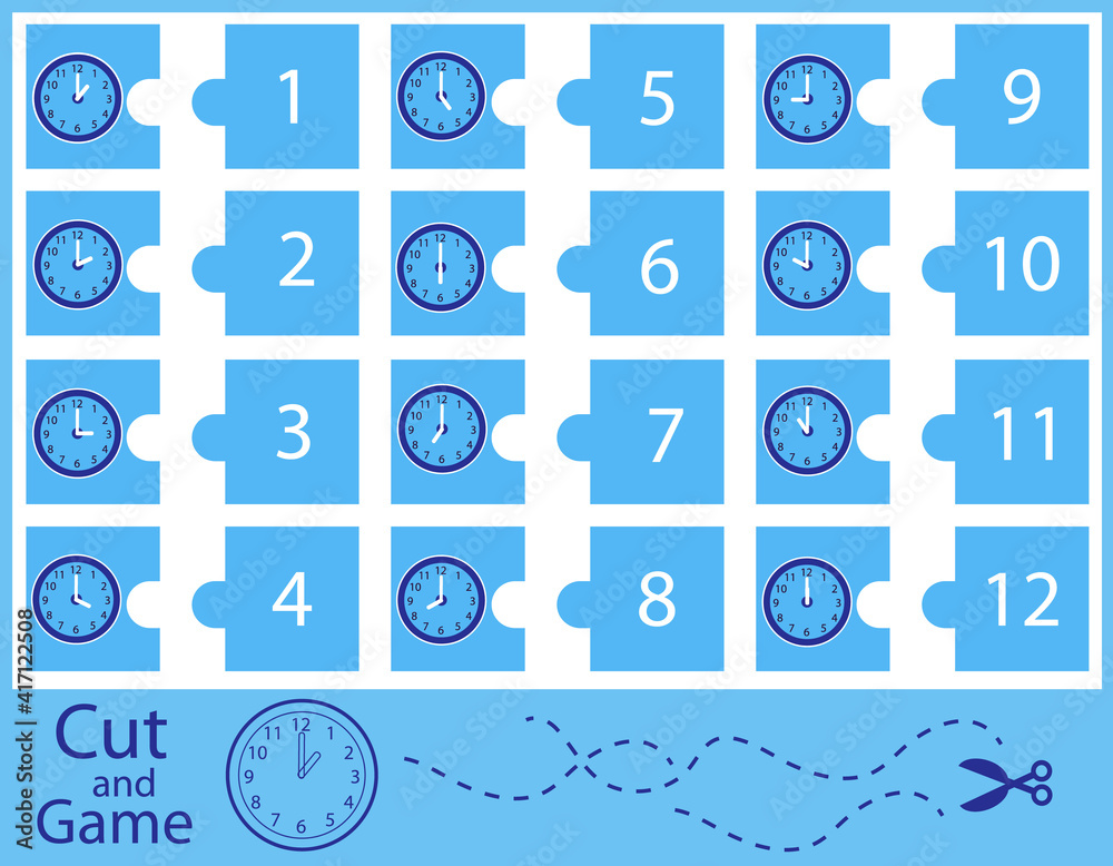 Puzzle with clock and numbers. Riddle the children clock. What time is