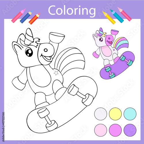 Coloring with funny cartoon unicorn on skateboard. Children drawing game. Education worksheet. Draw outline cute horse. Vector illustration.