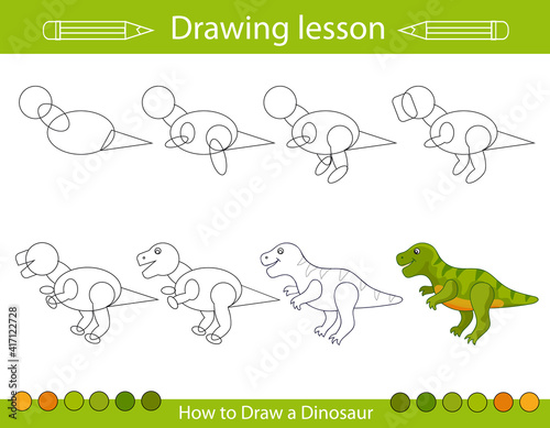 Drawing lesson for children. How draw a dinosaur. Step by step repeats the picture. Drawing tutorial with funny cartoon dragon. Kids activity art page. Vector illustration.