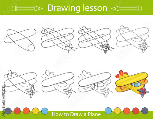 Drawing lesson for children. How draw a plane. Step by step repeats the picture. Drawing tutorial. Kids activity art page. Children Coloring. Vector illustration.