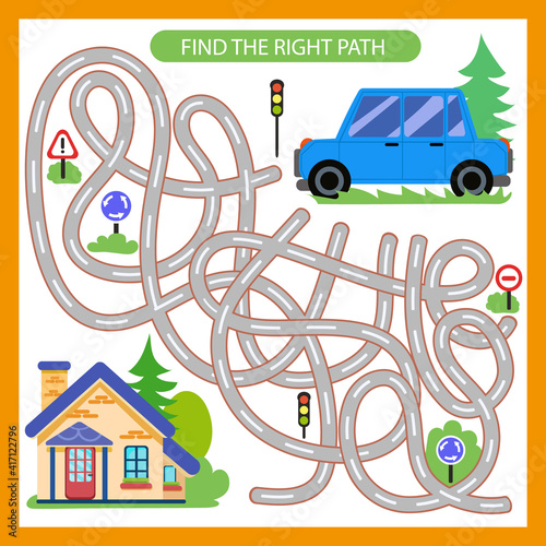 Kids game maze worksheet activity page with cartoon car go to house. Maze road with road sign. Vector illustration.