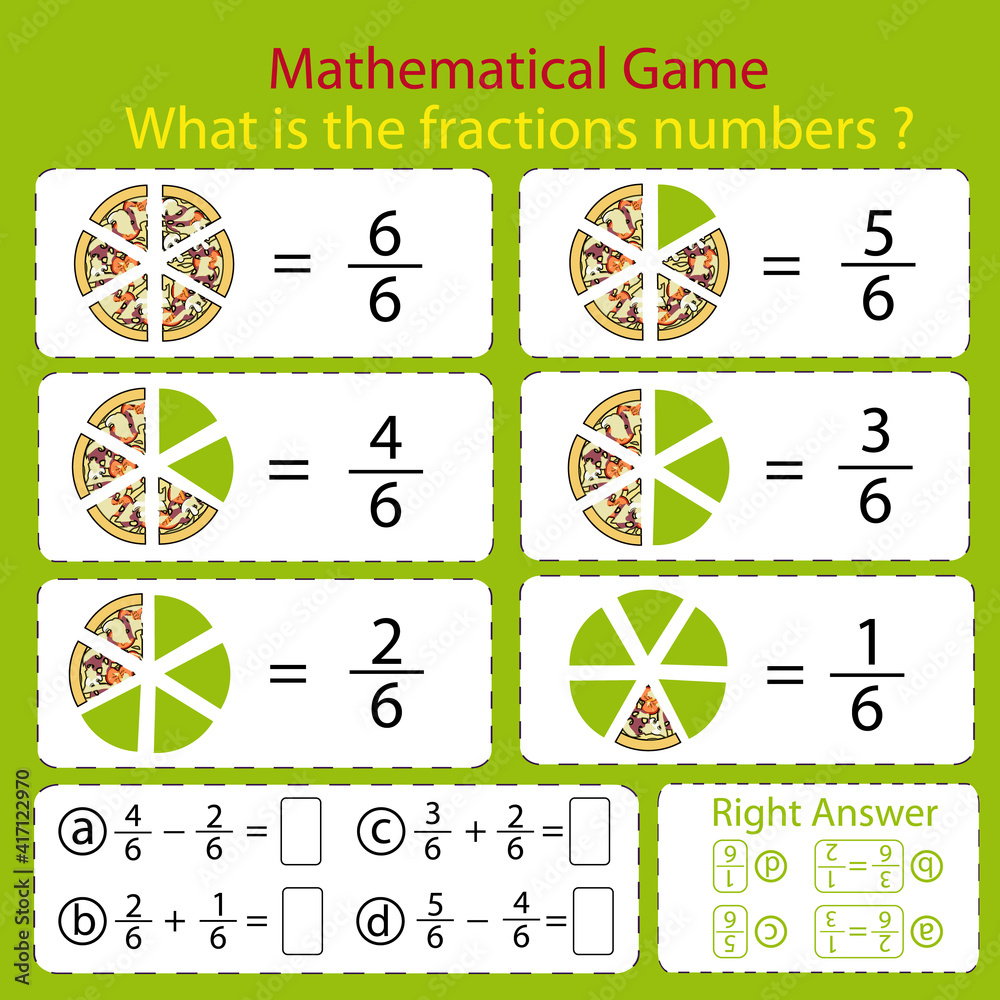 Education fraction game activity with pizza. Children book mathematics math  activity. Cartoon vector worksheet with parts pizza. Stock Vector | Adobe  Stock