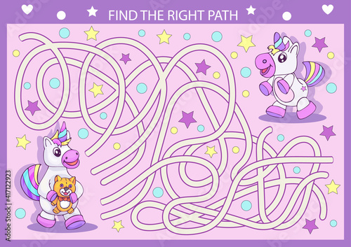 Kids maze game with cute unicorns. Children worksheet, activity page. Educational riddle. Vector illustration. 