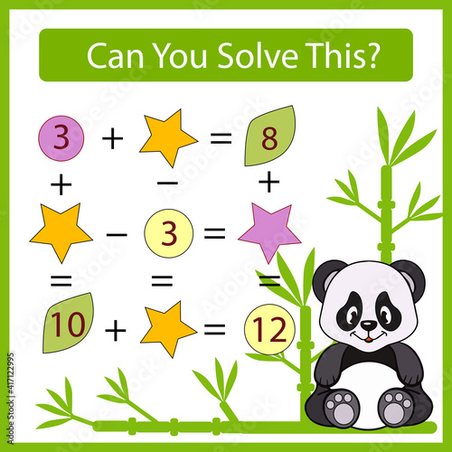 Mathematical game with cute panda.  Education activity page. Children funny riddle entertainment. Kids riddle. Vector illustration.