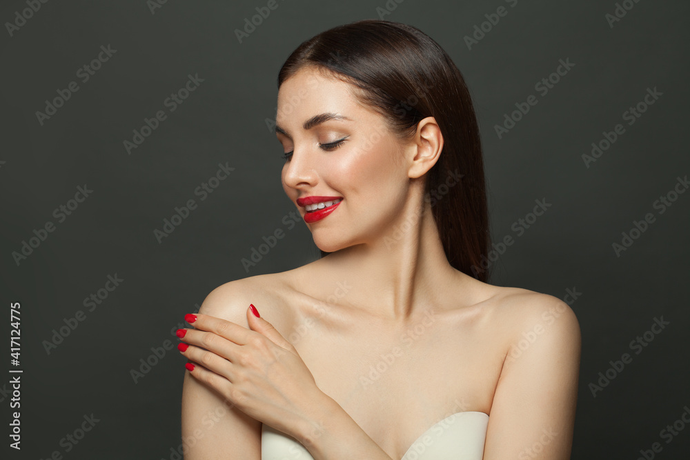 Healthy model woman with clear skin and long healthy straight hair. Skincare and facial treatment concept Healthy model woman with clear skin and long healthy straight hair. Skincare and facial treatment concept