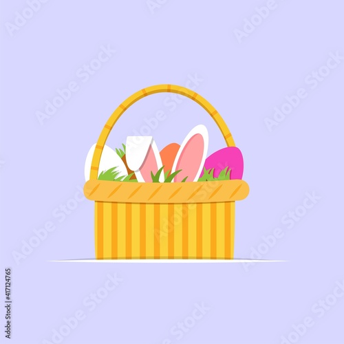 Rabbit in a basket with eggs. Congratulations on Easter holidays. Vector illustration

