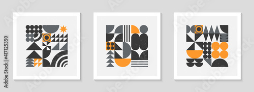 Set of abstract bauhaus geometric pattern backgrounds.Trendy minimalist geometric design with simple shapes and elements.Mid century modern artistic vector illustration.Futuristic wall art decor. © Xenia Artwork 
