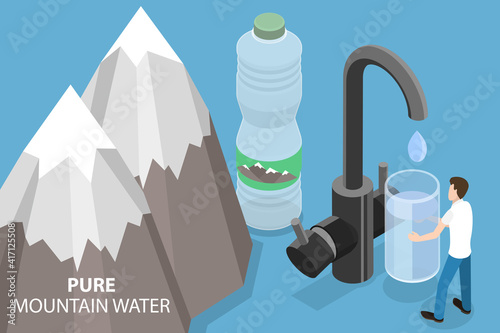 3D Isometric Flat Vector Conceptual Illustration of Pure Mountain Water, Fresh and Clear Natural Drink.