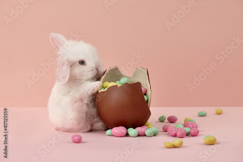 Cute white Easter bunny rabbit with chocolate egg and colorful sweets on pink background