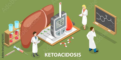 3D Isometric Flat Vector Conceptual Illustration of Ketoacidosis, Uncontrolled Production of Ketone Bodies.