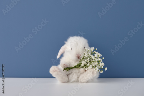 Baby rabbit with white flowers bouquet on blue background. Spring Easter concept.
