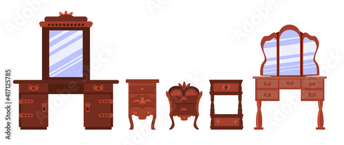 Set of cute antique nightstands, chests of drawers and bureaus, dressing tables isolated on a white background. Collection of antique furniture for bedroom. Vector illustration in a flat style.