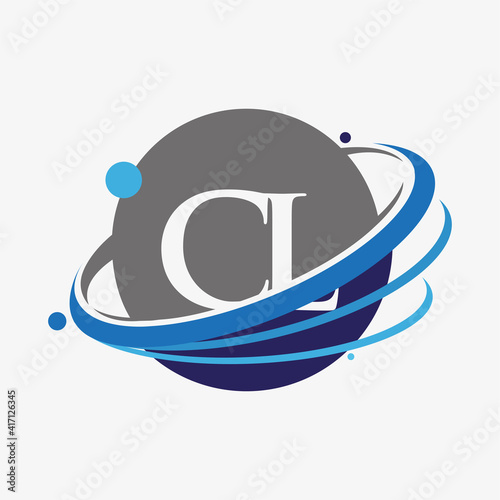 initial letter CL logotype company name colored blue and grey swoosh and globe design. isolated on white background.