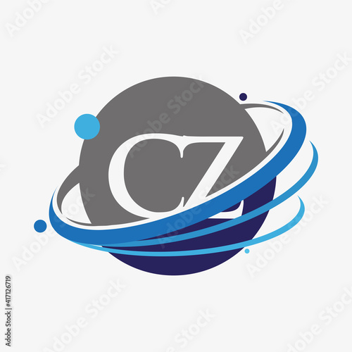 initial letter CZ logotype company name colored blue and grey swoosh and globe design. isolated on white background.