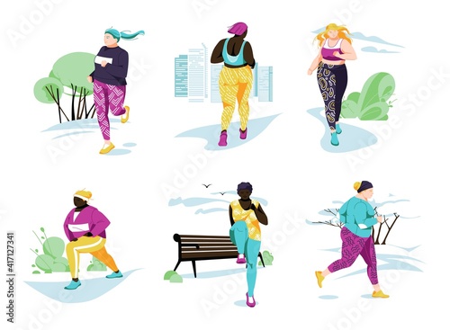 Female Characters run Sport Activities Set. Different races Running Women Doing Outdoor Sports Exercises, Fitness Workout. Cartoon Flat Vector Illustration