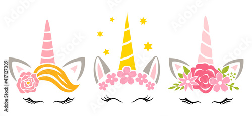 Floral unicorn faces. Unicorn head with flower crown and wreath for baby girl. Cute kids design. Print for shirts postcards and posters. Girly vector illustration