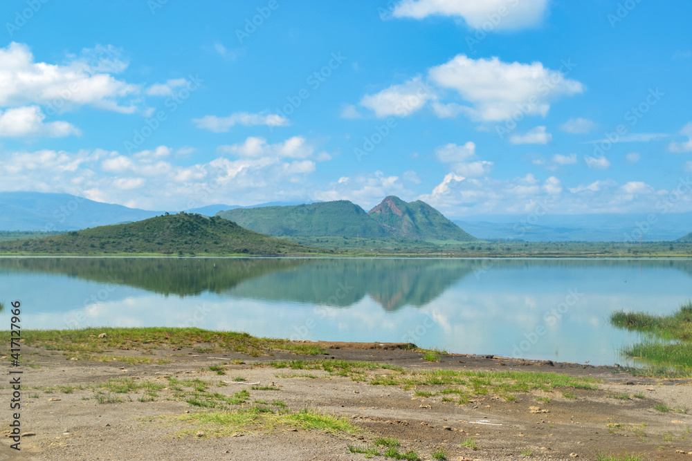 Scenic view of Lake Elementaita against the background of Sleeping Warrior Hill, Naivasha, Kenya