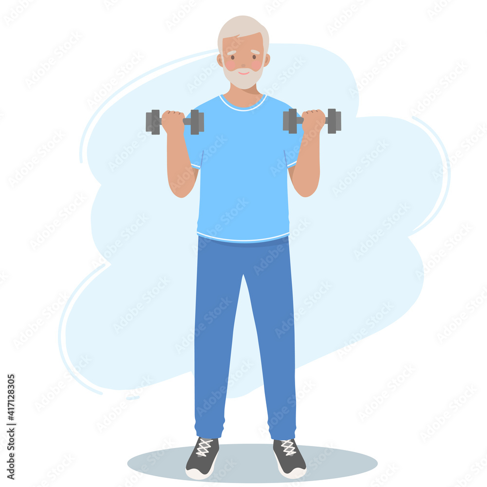 Elderly man in sports clothes holds dumbbells in his hands. Retired grandfather, a pension, and a healthy lifestyle.