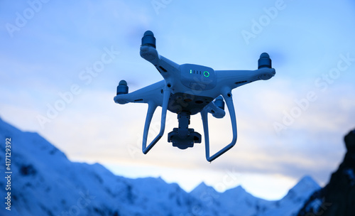 Fototapeta Naklejka Na Ścianę i Meble -  Flying drone taking picture of glacier lagoon  in Tibet,China