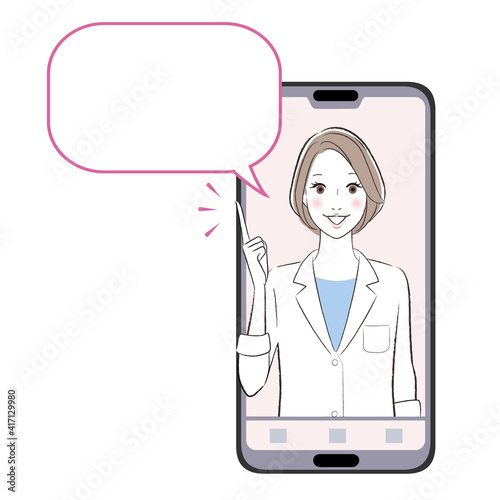 A doctor woman talking about something on the smartphone monitor
