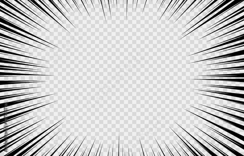 Motion radial lines isolated on transparent background. Comics style  explosion background. Manga action frame lines. Cartoon template design. Black and white vector illustration