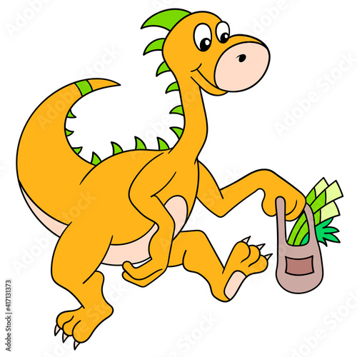 a giant dinosaur walking from the market carrying his groceries, doodle icon image kawaii