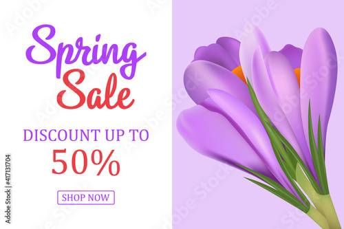 Spring sale banner with the first flowers . Vector illustration. Flyers  invitations  posters  brochures  discount on the voucher.