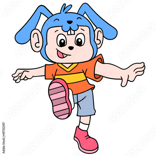 The boy walks happily wearing a bunny hat celebrating Easter, doodle icon image kawaii