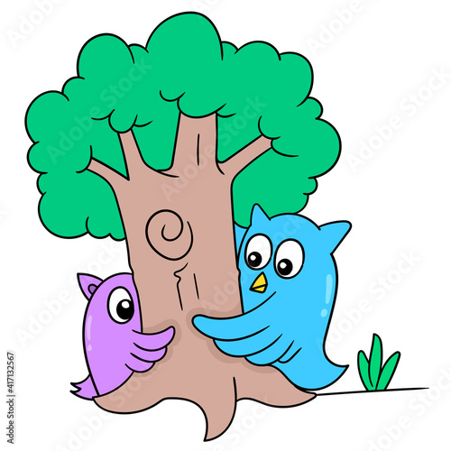 an owl and his friend were playing hide and seek under a big tree, doodle icon image kawaii