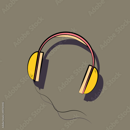 headphones in yellow and pink tones hand drawing outline symbol icon on dark background. Vector
