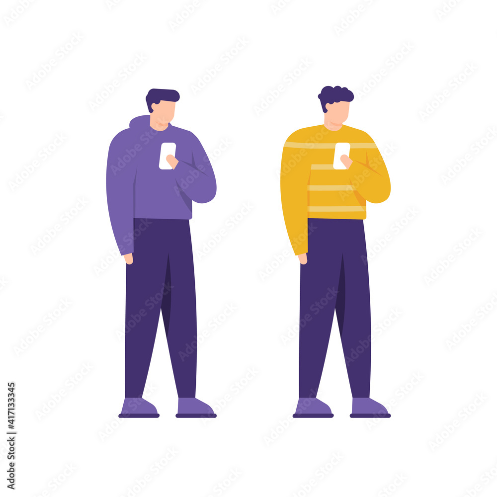 illustration of a man standing and using a smartphone. people wearing jackets and sweaters. wear casual clothes. fashion style. flat vector design