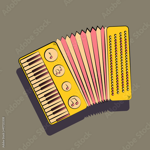 accordion in yellow and pink tones hand drawing icon outline symbol on dark background. Vector