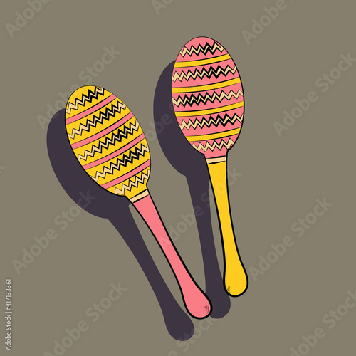 maracas in yellow and pink tones hand drawing icon outline symbol on dark background. Vector