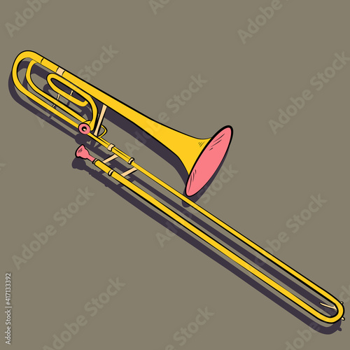 trombone in yellow and pink tones hand drawing outline symbol icon on dark background. Vector