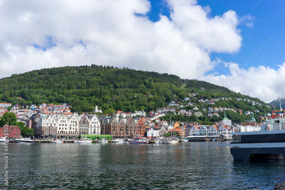 Bergen / Norway - June, 2020: View of street and authentic houses of Bergen.