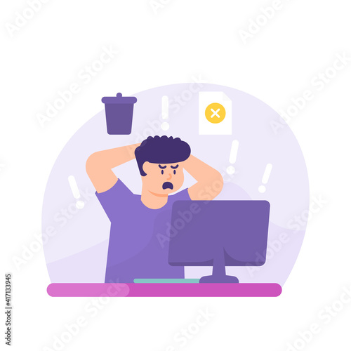 a man who was shocked, panicked, and stressed when he realized that his document was accidentally deleted. employees who are depressed because of rejection. flat style. vector design element