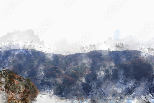 Abstract colorful mountain range in Japan on watercolor illustration painting background.