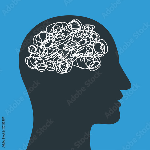 Silhouette of human head with tangled line inside, like brain.