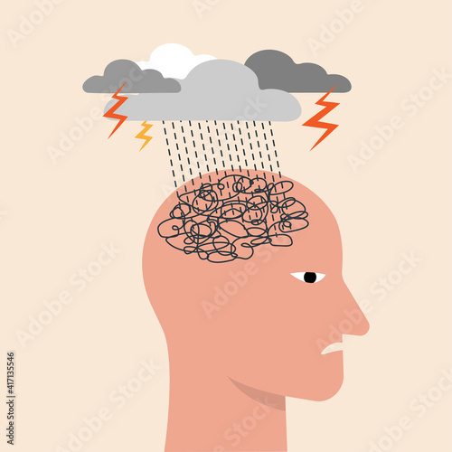 Depressed or mental illness. Head profile with storm cloud. Mindfulness and stress management in psychology.