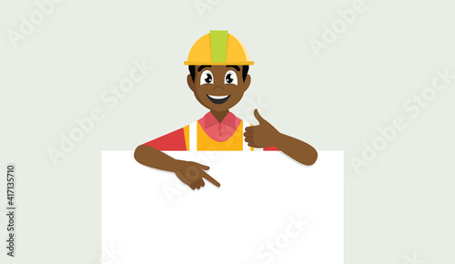 African architect man in construction helmet pointing at banner and thumb up