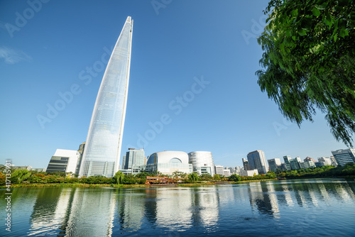 Photography Beautiful view of park with lake at downtown of Seoul