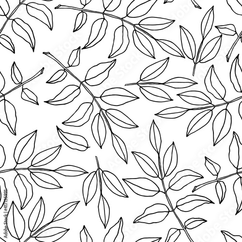 Leaves seamless pattern. linear contour on white background. Hand drawn Doodle style. Digital paper for scrapbooking, digital creativity, gift packaging, fabric, wallpaper, other surfaces.
