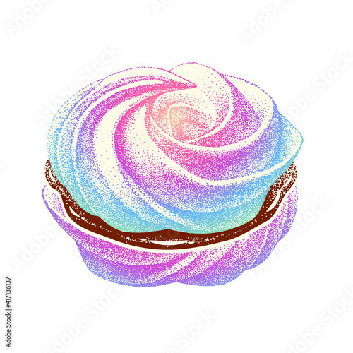 airy french meringue shell pink, marshmallow, zephyr, chocolate layer. vector Illustration in graphic vintage retro style. sweetness, cake, dessert.