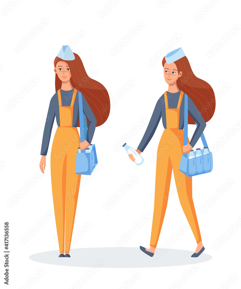 Milk delivery service concept. Young Girl courier in uniform Milk delivery service concept. Young Girl courier in uniform